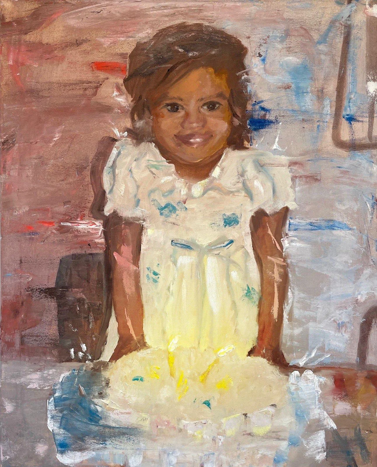 A little girl really exited to eat her cake on her second birthday. curly brown hair, rocking a white and teal floral dress, stands against a wild, abstract backdrop of reds, blues, and whites. Her face is soft and gentle, with a big grin. The painting uses thick, expressive brushstrokes, giving it a textured, almost impressionistic vibe.